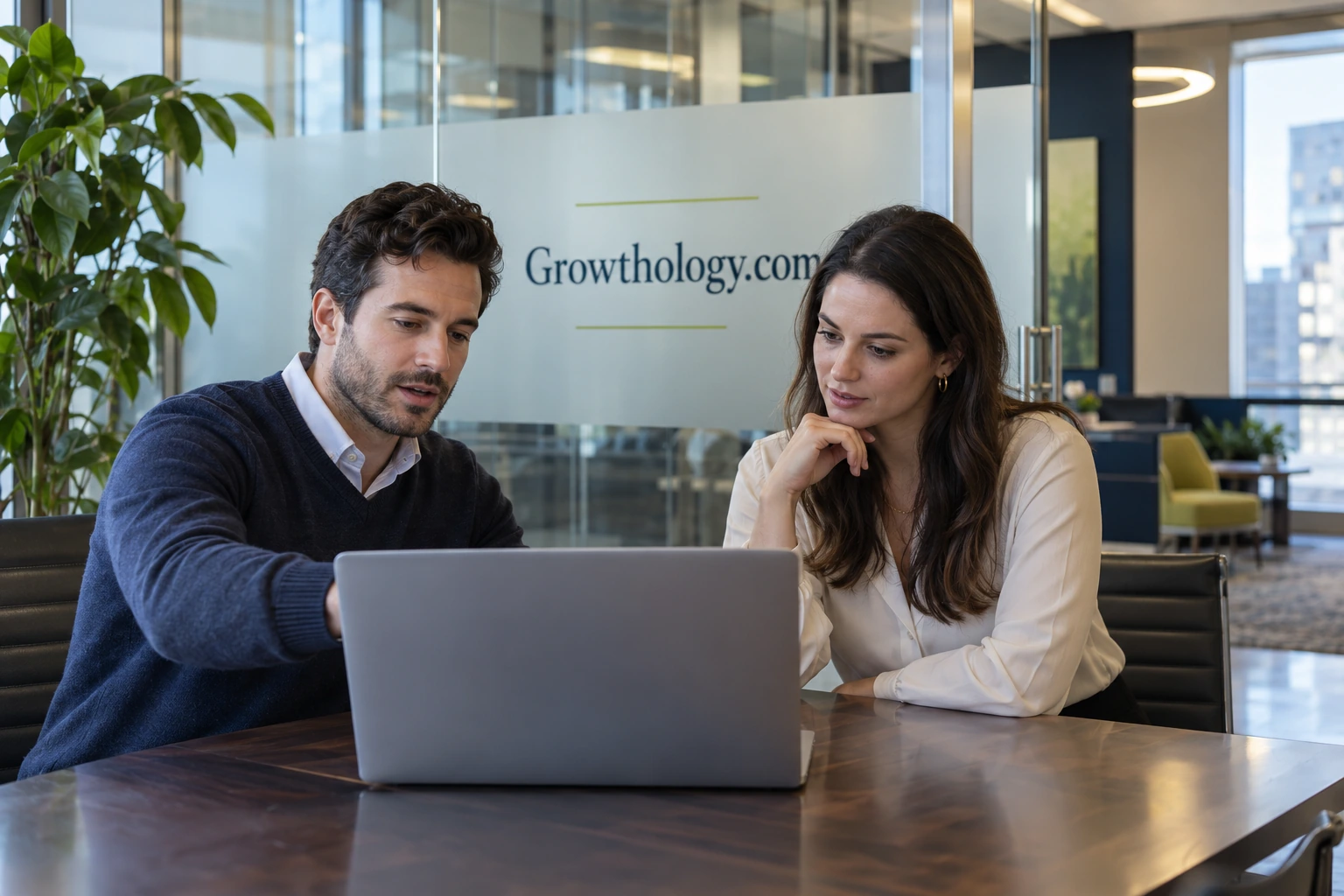 Founders discussing a growth product in a glass office